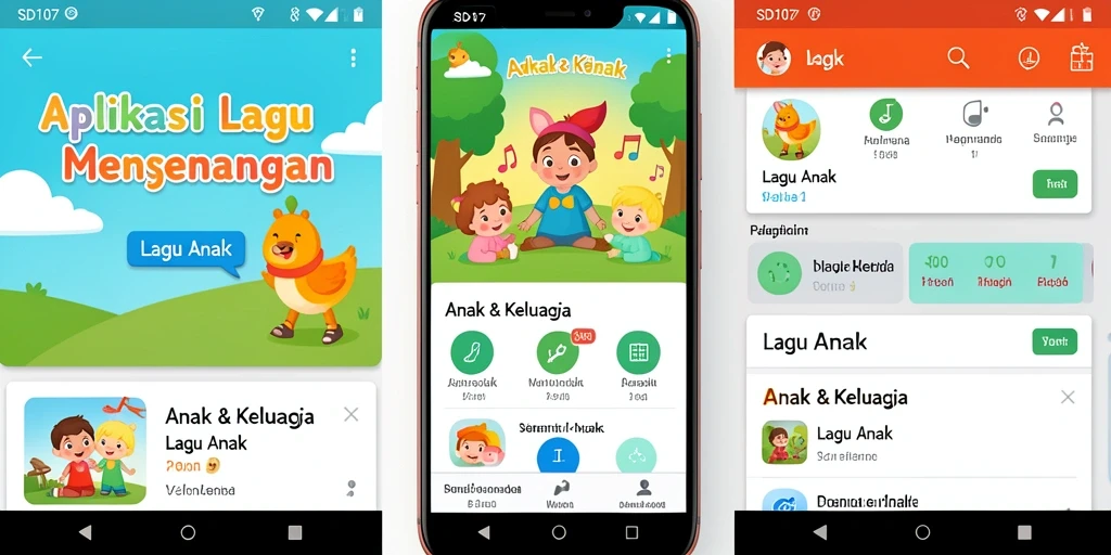 Tampilan antarmuka SD107 dengan berbagai pilihan lagu anak.